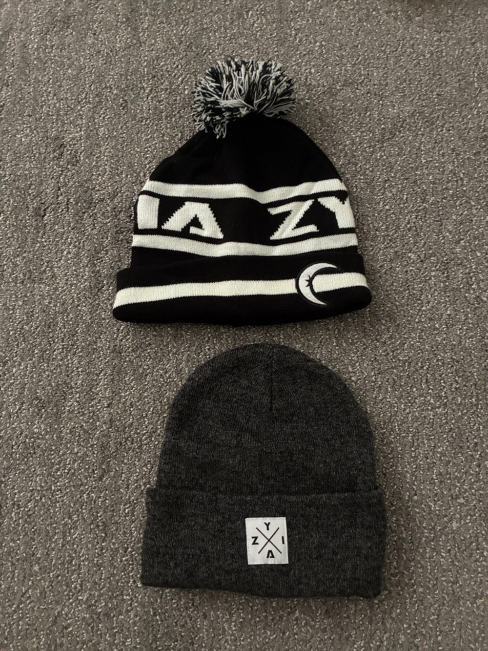 ZYIA Black & White Pom Beanie + Charcoal Knit Cuff Beanie - 2 Pack